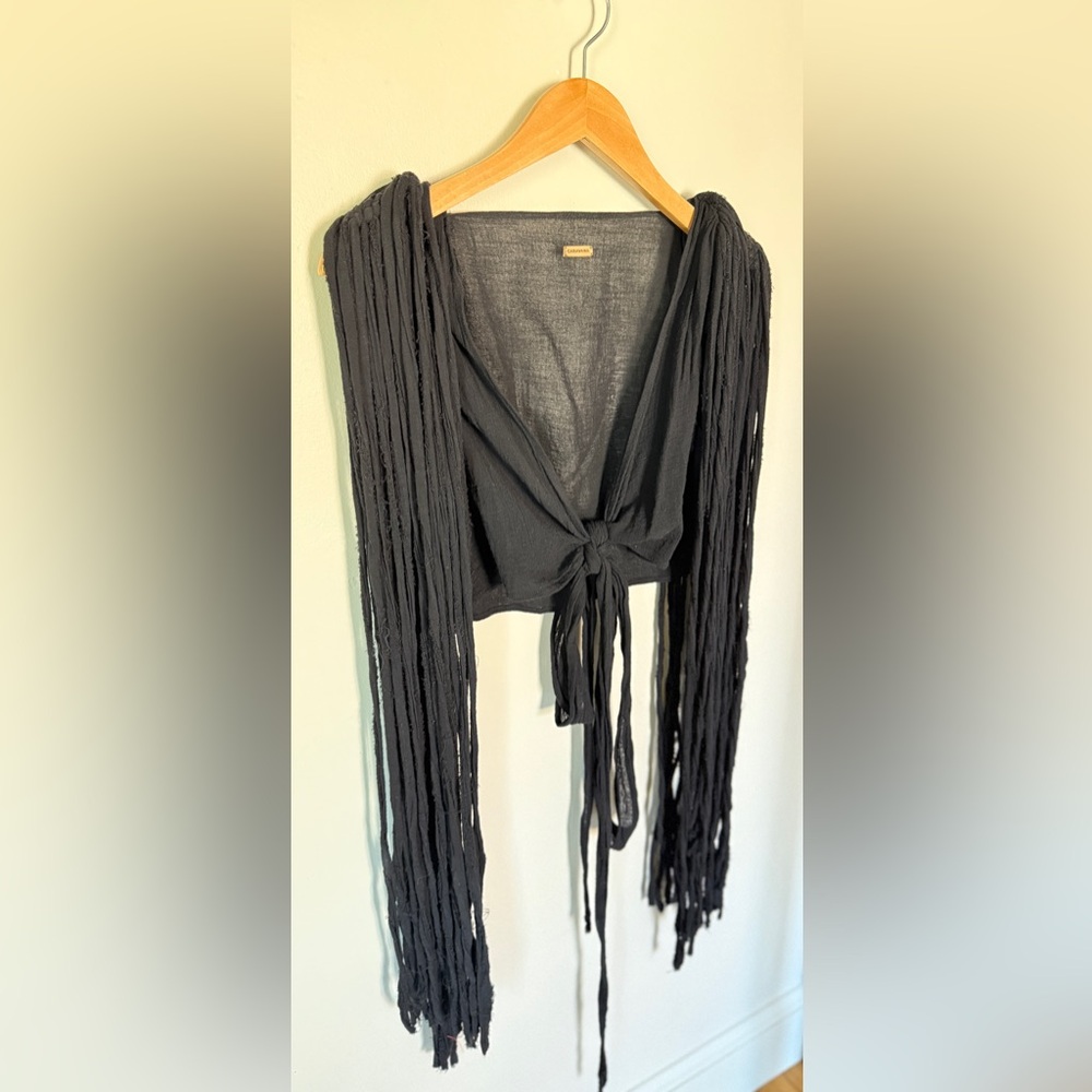 Caravana Black Fringe Tie-Front Top OS